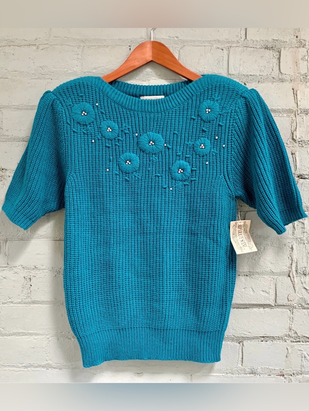 Vintage Teal Floral Embroidered Short-Sleeve Sweater